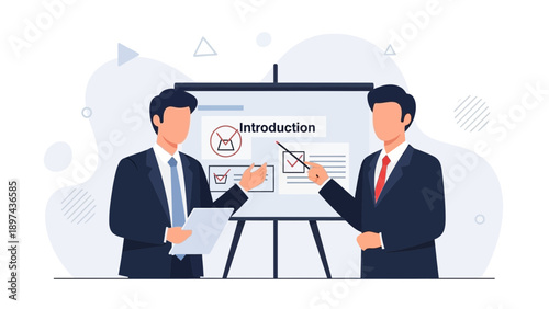 Businessmen presenting introduction on whiteboard, business meeting, training, coaching