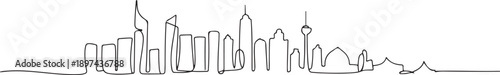 Single continuous line drawing of Jakarta city skyline, Indonesia. Famous city scraper landscape. World travel concept home wall decor poster print art. one line Icon drawing