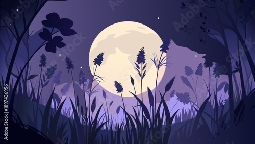 Very beautiful dark silhouettes of wild grass and flowers stand against a glowing full moon, creating a minimalist nocturnal composition rich in contrast and quiet emotional depth.