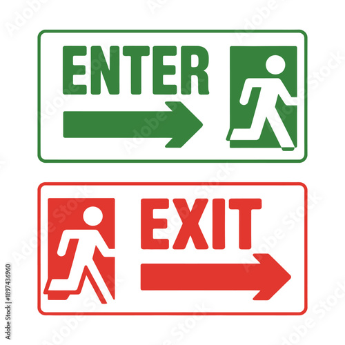Enter and exit sign vector set with green entrance door and red emergency escape indicators including directional arrows and icons