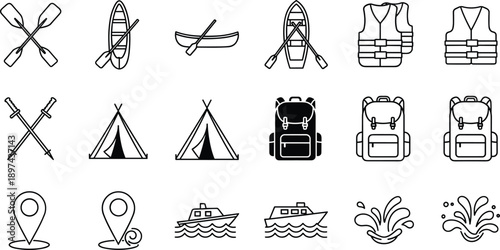 Comprehensive set of black and white outdoor adventure icons featuring canoes, paddles, life vests, camping tents, backpacks, boats, and water splash symbols.