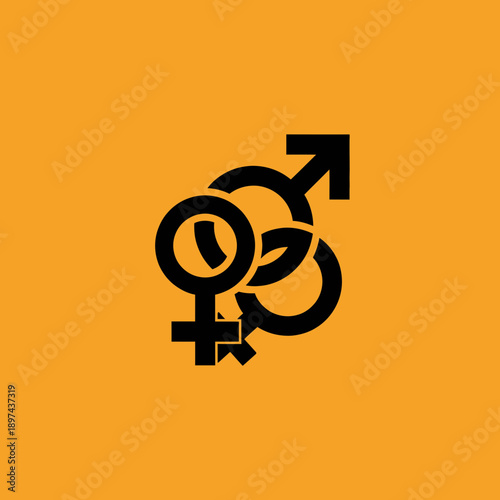 Gender symbols intertwined on orange background.