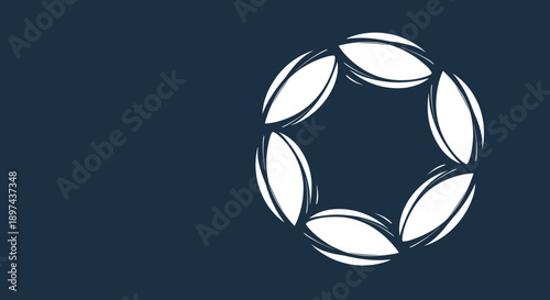 Abstract circular rugby ball emblem inspired by Six Nations Championship, minimalist sports symbol on dark blue background, vector illustration