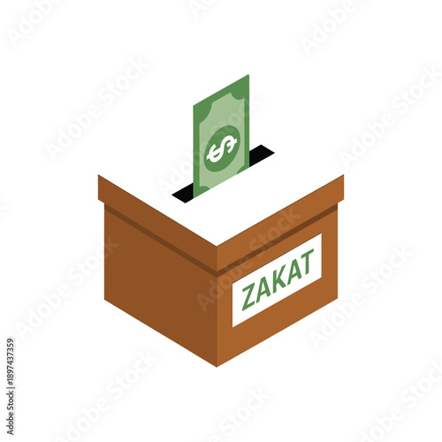 Zakat collection box with a dollar bill being inserted into the slot, illustrating the Islamic practice of charity and giving