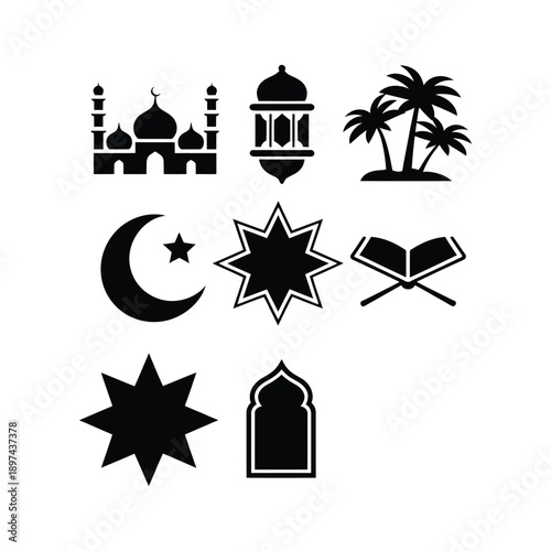 Set of black silhouette islamic symbols including mosque, lantern, palm trees, crescent moon, stars, and an open holy book