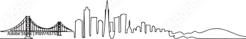 Single continuous line drawing of San Francisco city skyline, United States. Famous landscape. World travel concept home art wall decor poster print. one line Icon drawing