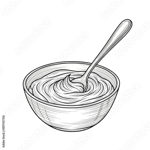 Handdrawn sketch of a bowl of creamy sauce with a spoon.