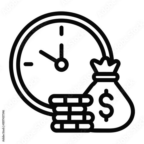 Time is money symbol with clock and money bag icon representing financial savings investment and wealth management concept