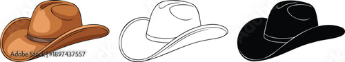 Cowboy stetson hat silhouette & Outline and illustration set isolated on transparent background