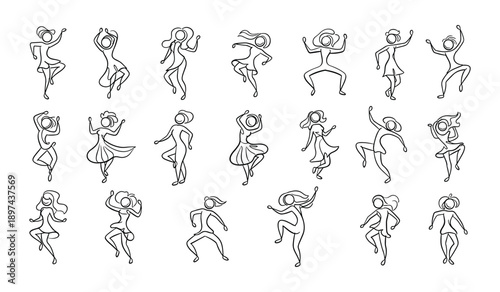 Collection of Hand Drawn Dancing Figures in Various Poses Keywords: dancing, figures, people, women, girls, movement, celebration, joy, freedom, art, illustration, drawing, sketch, outline, simple
