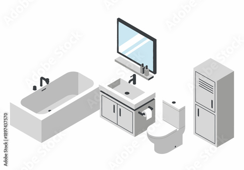 Isometric bathroom setup including bathtub, sink, toilet, storage cabinet, and computer monitor displaying blue screen