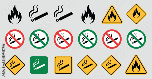 No open fire, no smoking sign, forbidden flame logo symbol, vector illustration for regulatory signage, fire safety, and restricted area alerts.