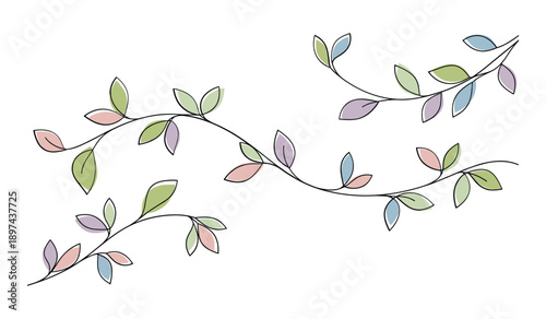 Intertwining Branches with Softly Colored Leaves on White Background Keywords: branches, leaves, nature, plant, floral, decoration, design element, pastel, soft colors, green, purple, peach, blue