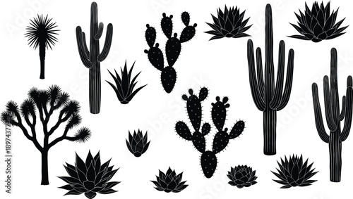 Black cactus and desert succulent silhouettes collection, saguaro agave and prickly pear botanical set, western plant bundle for arid nature landscape design,