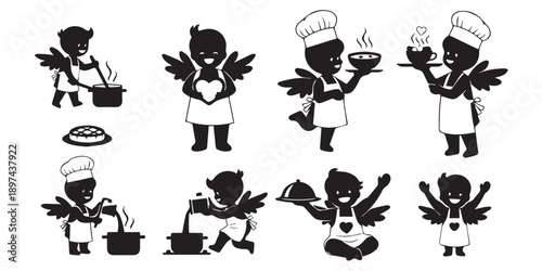 Whimsical angelic chefs bringing joy and love through culinary creativity in delightful black-and-white illustrations