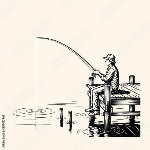 Man fishing from a wooden pier in a calm lake.