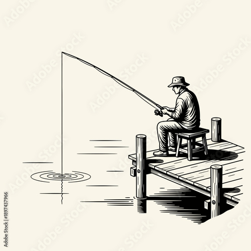 Man fishing from a wooden dock.