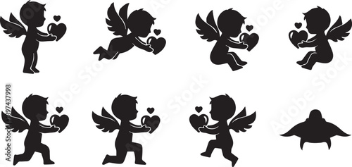 Cute black and white silhouette cherub characters holding heart-shaped objects with wings for romantic or valentine designs