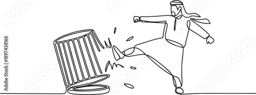 Single continuous line drawing Arab businessman trapped in cage kick the cage until wrecked. Freedom of expression for the smooth running of business. one line Icon drawing