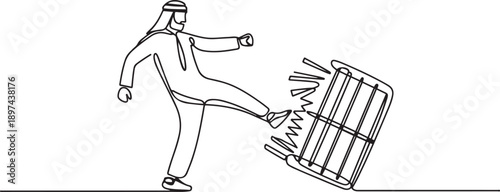 Single continuous line drawing Arab businessman trapped in cage kick the cage until wrecked. Freedom of expression for the smooth running of business. one line Icon drawing