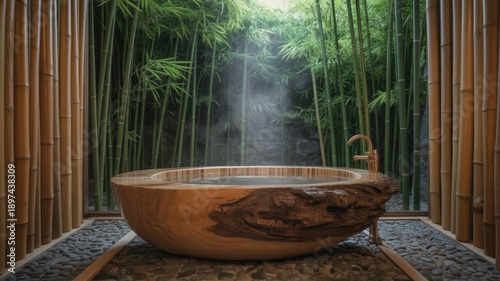 Luxury bamboo spa bathtub in serene forest retreat with natural light zen wellness interior and Japanese inspired relaxation