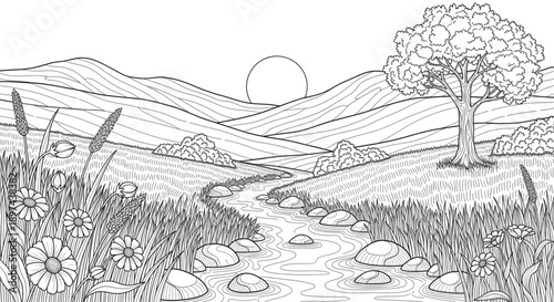 Peaceful Spring Landscape Line Art. Winding River, Rolling Hills, Tree, and Flowers. Relaxing Coloring Page for Printables