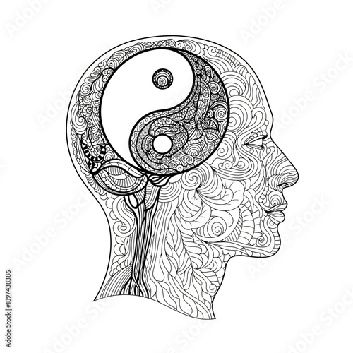 Yin Yang Symbol in Human Head Line Art.