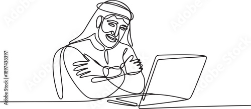 Continuous one line drawing Arab businessman hugging laptop at office. Love to computer concept. Emotional male. Human emotions, facial expression. one line Icon drawing