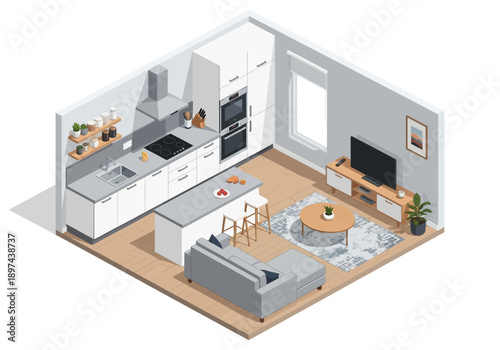 Modern open-plan living space with kitchen, dining, and living areas in a sleek 3D illustration