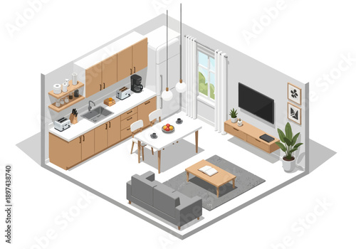 Isometric illustration of modern living space with furniture and kitchen appliances in a compact home environment viewed from above.