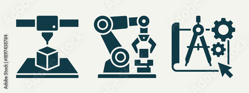 Set of industrial technology icons representing additive manufacturing robotic automation and technical engineering design for modern factory production and mechanical development