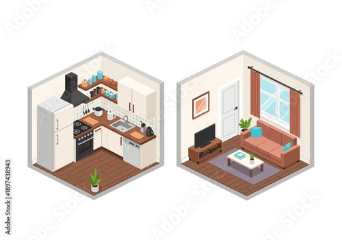 Isometric 3D illustration of a modern kitchen and living room interior design