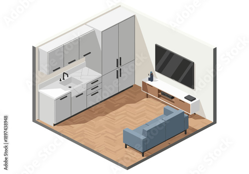 Isometric illustration of modern living space with furniture and appliances in a minimalist environment