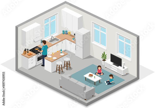 Isometric view of a modern living space with kitchen and living area, featuring people and furniture