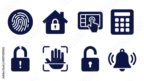Collection of flat vector icons representing home security systems biometric scanning digital access control and emergency alarm notification for safety