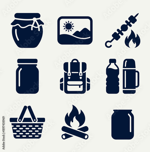 A collection of flat vector icons representing outdoor activities including hiking equipment picnic supplies food storage and campfire elements for travel
