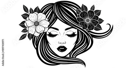 Serene Woman with Floral Hair Black and White Vector Illustration for Beauty Spa Wellness and Fashion