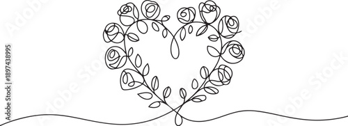 Continuous one line drawing a bouquet of roses formed into a heart shape. Symbolism of love that is getting stronger. Offering great love. Rose Festival. one line Icon drawing