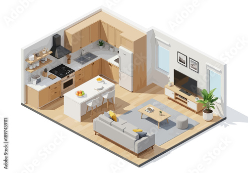 Isometric illustration of a modern living space with kitchen, dining, and lounge areas in a single open-plan room