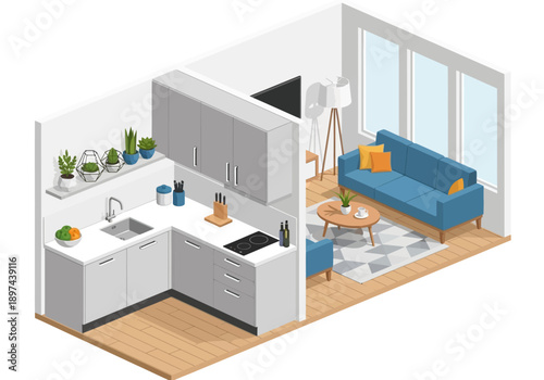 Isometric illustration of a modern living space with kitchen, sofa, and furniture from an elevated viewpoint
