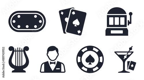 Collection of black silhouette icons for gambling and casino entertainment including playing cards slot machine poker chip and dealer character