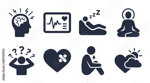 Collection of flat vector icons depicting psychological states including stress relief heart health mindfulness sleep disorders and emotional healing for medical apps