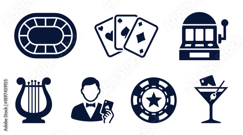 A collection of dark blue flat icons representing gambling and nightlife including a slot machine playing cards poker chip and dealer