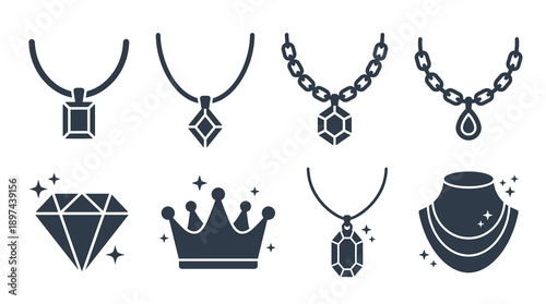 Collection of black silhouette jewelry icons including various necklace styles with precious stones a royal crown and a mannequin stand