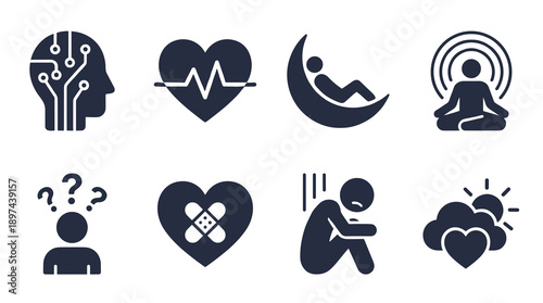 Collection of flat vector icons for mental wellness including brain activity heart rate sleep meditation stress relief and emotional recovery
