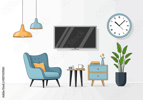 Modern living room interior with chair, TV, dresser, and plants viewed from the side