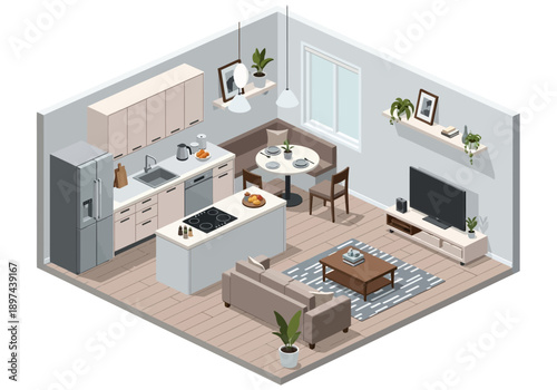 Isometric view of a modern open-plan living space with kitchen, dining, and living areas in a minimalist style