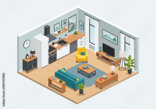 Isometric illustration of a modern living room with furniture and decor viewed from above