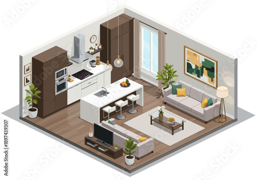 Modern Open Concept Living Room and Kitchen Area with Island and Sofa