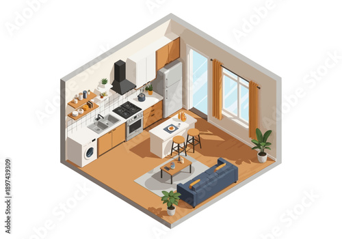 Cozy isometric kitchen and living room combination, bright apartment interior design illustration